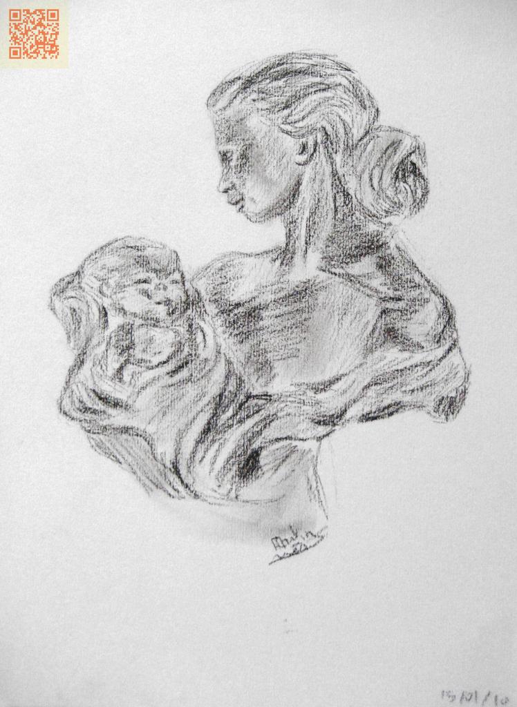 Buste en étain: femme portant un bébé
